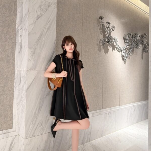 Louis Vuitton Monogram-Trim Short Sleeve A-Line Mini Dress