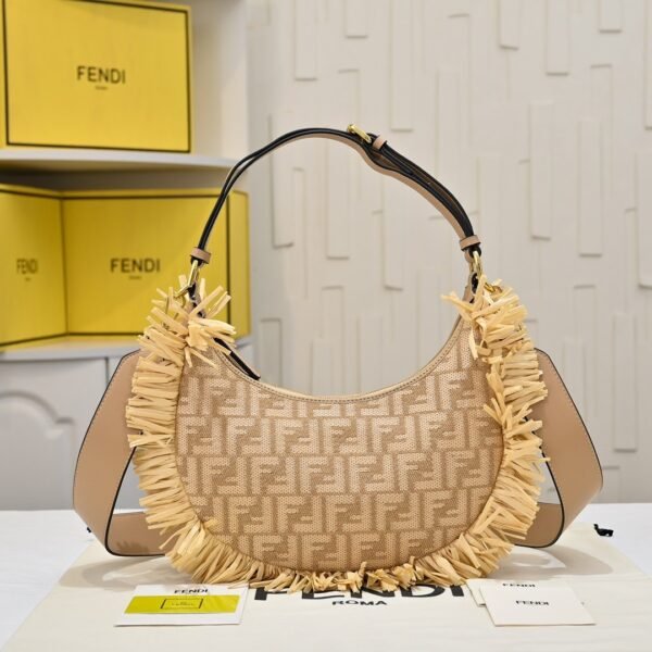 Fendi FF Raffia Fringe Jacquard Hobo Bag